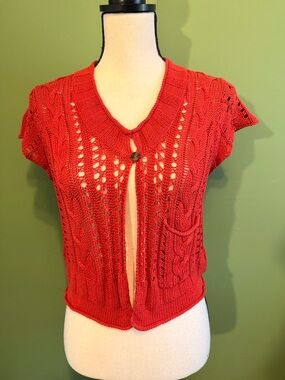 Red Short-Sleeve Open-Front Knit Cardigan